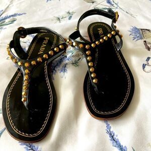 Prada black patent leather/gold stud sandals